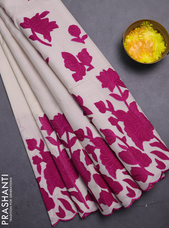 Kota saree beige and purple with floral applique work