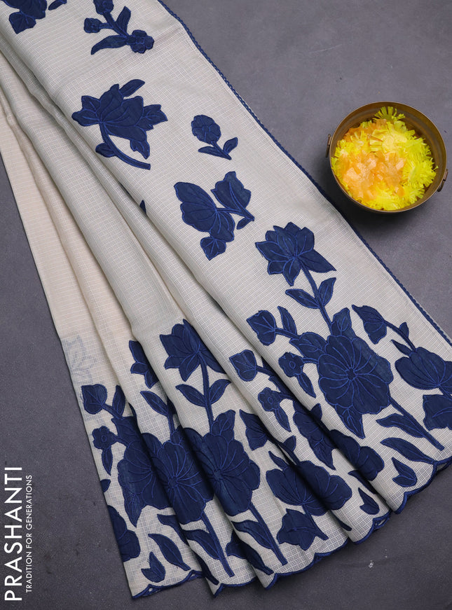 Kota saree beige and peacock blue with floral applique work