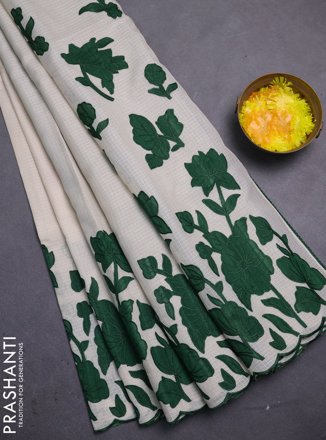 Kota saree beige and green with floral applique work