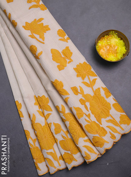 Kota saree beige and mustard yellow with floral applique work