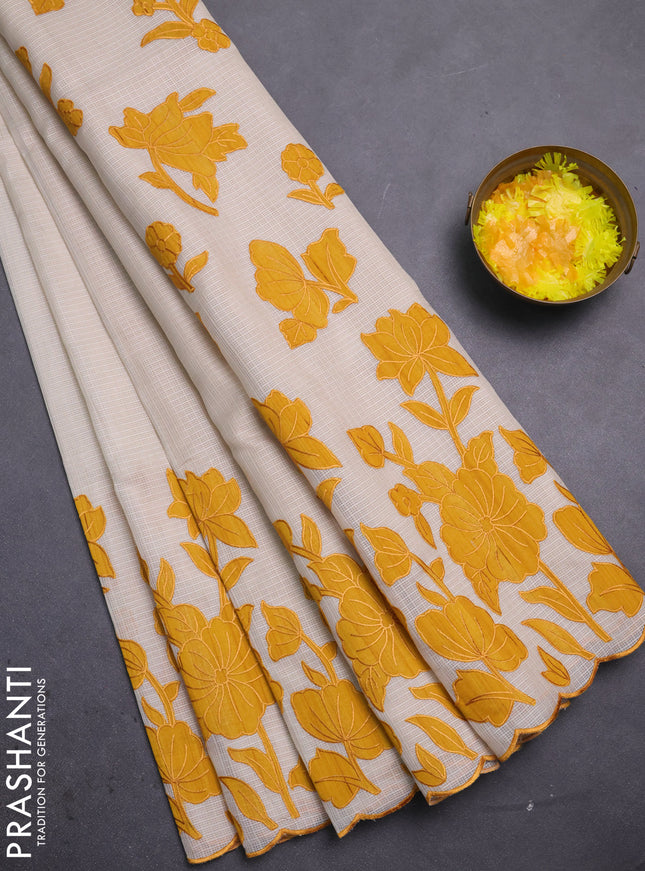 Kota saree beige and mustard yellow with floral applique work