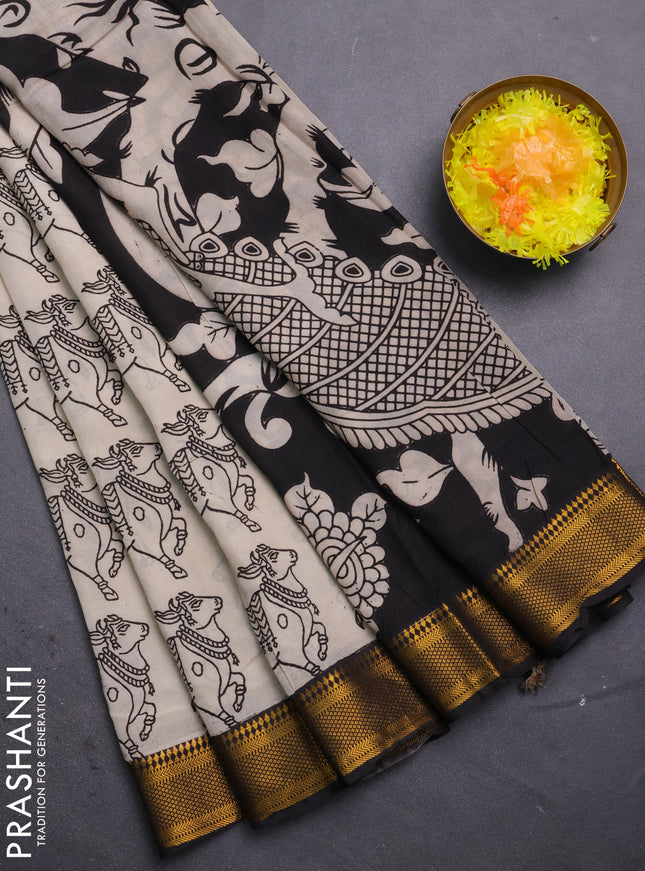 Kalamkari semi silk saree beige and black with allover pichwai butta prints and mangalgiri border