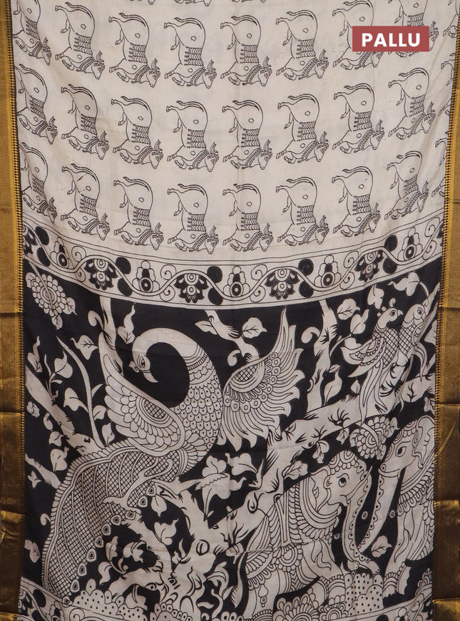 Kalamkari semi silk saree beige and black with allover pichwai butta prints and mangalgiri border