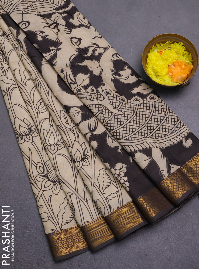 Kalamkari semi silk saree beige and coffee brown with allover prints and mangalgiri border