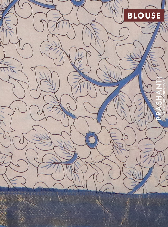 Kalamkari semi silk saree maroon and blue with allover prints and mangalgiri border