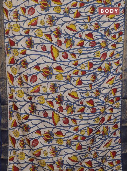 Kalamkari semi silk saree beige and peacock blue with allover prints and mangalgiri border
