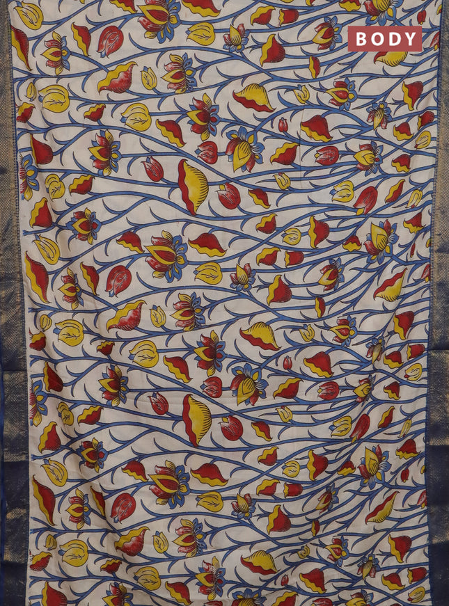 Kalamkari semi silk saree beige and peacock blue with allover prints and mangalgiri border