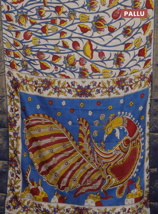 Kalamkari semi silk saree beige and peacock blue with allover prints and mangalgiri border