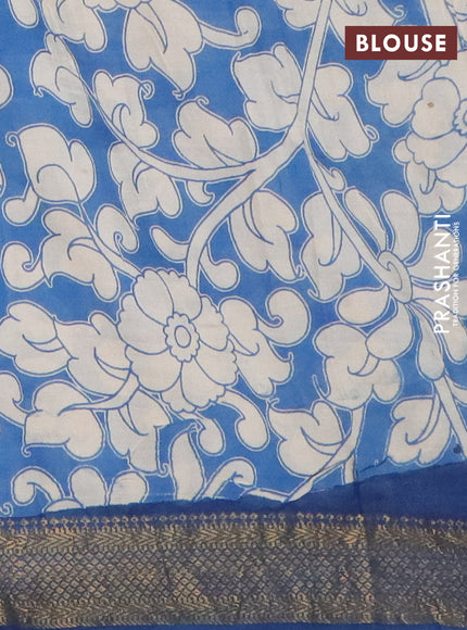 Kalamkari semi silk saree beige and peacock blue with allover prints and mangalgiri border