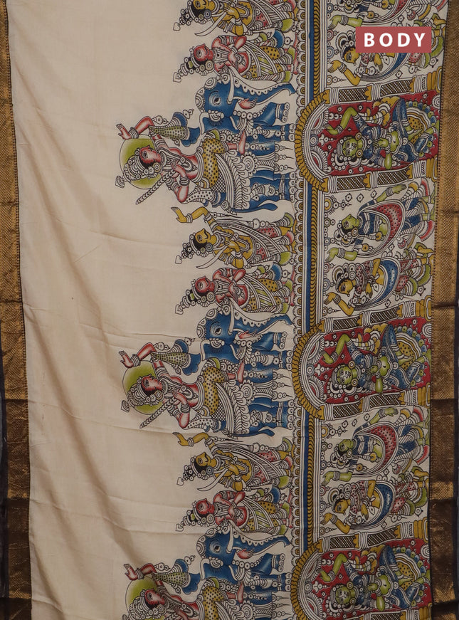 Kalamkari semi silk saree beige and black with allover prints and mangalgiri border
