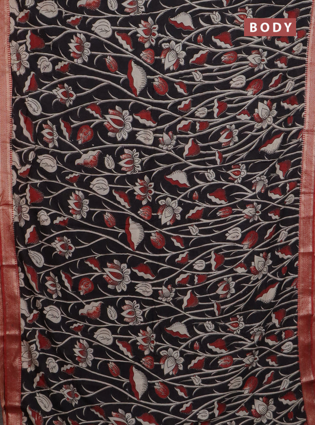 Kalamkari semi silk saree black and rustic maroon with allover prints and mangalgiri border