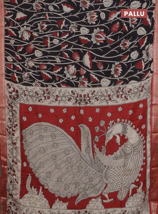 Kalamkari semi silk saree black and rustic maroon with allover prints and mangalgiri border