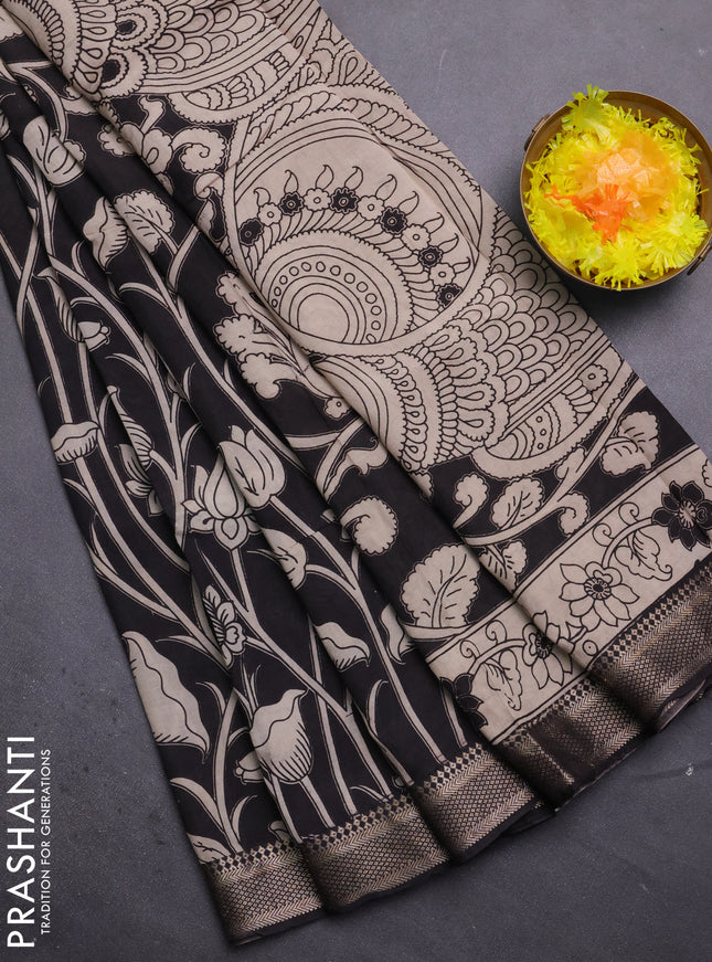 Kalamkari semi silk saree black with allover prints and mangalgiri border