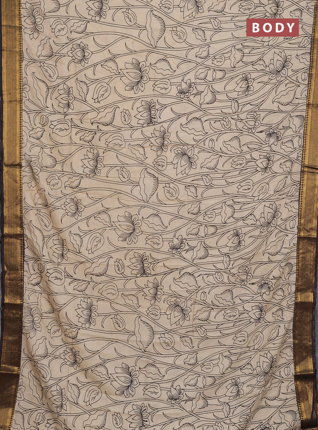 Kalamkari semi silk saree beige and black with allover prints and mangalgiri border