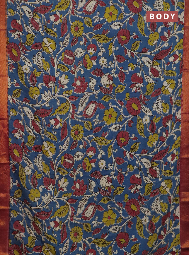 Kalamkari semi silk saree blue and dark magenta with allover prints and mangalgiri border