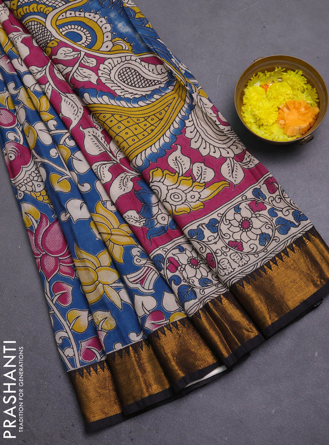 Kalamkari semi silk saree blue and black with allover prints and mangalgiri border