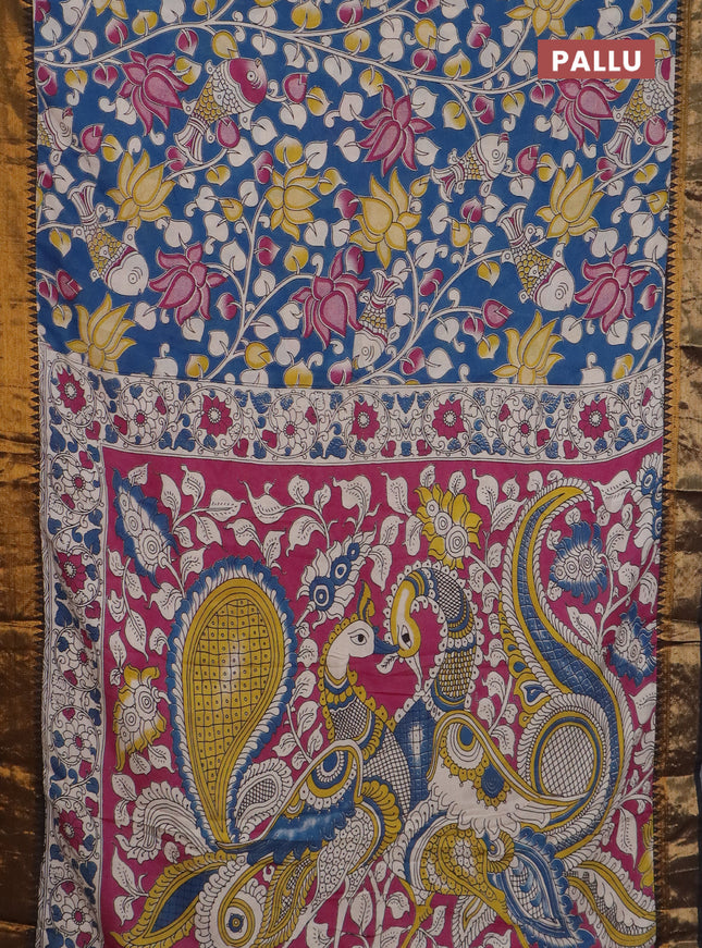 Kalamkari semi silk saree blue and black with allover prints and mangalgiri border