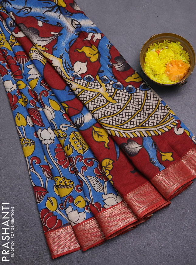 Kalamkari semi silk saree blue and rust shade with allover prints and mangalgiri border