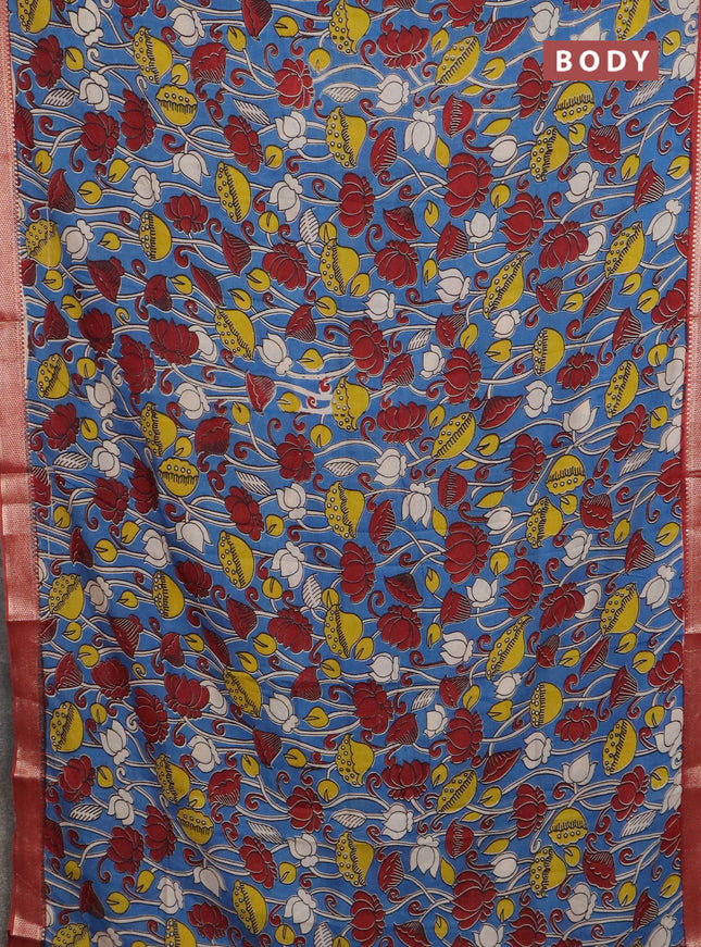 Kalamkari semi silk saree blue and rust shade with allover prints and mangalgiri border
