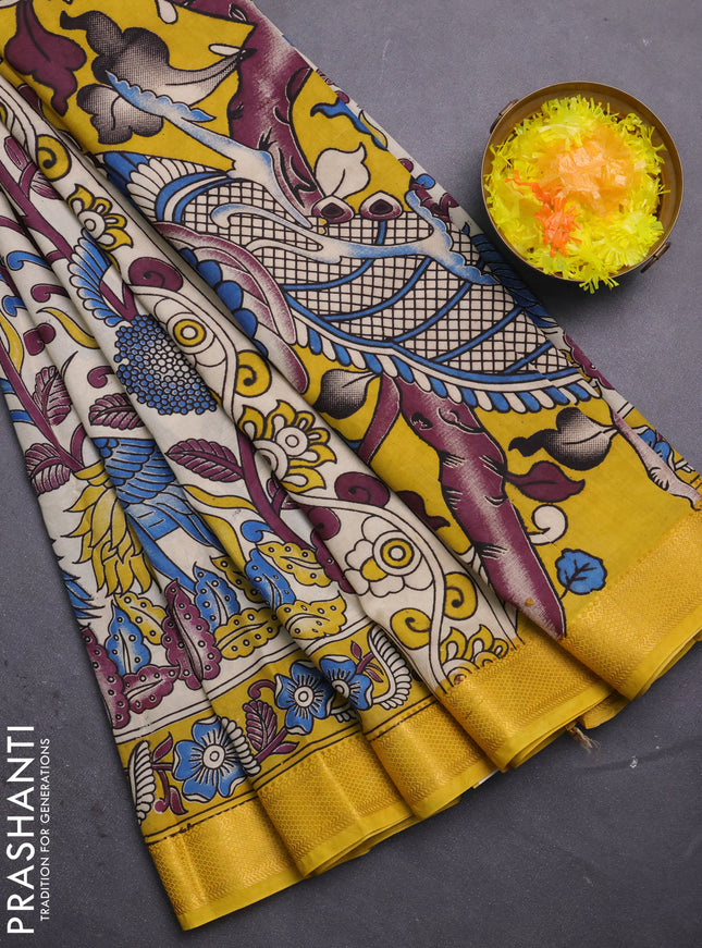 Kalamkari semi silk saree beige and yellow with allover prints and mangalgiri border