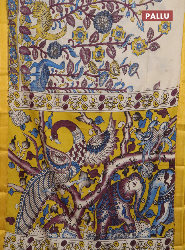 Kalamkari semi silk saree beige and yellow with allover prints and mangalgiri border