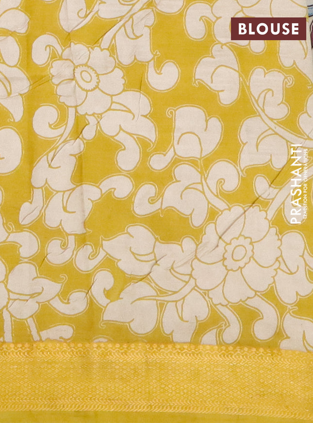 Kalamkari semi silk saree beige and yellow with allover prints and mangalgiri border
