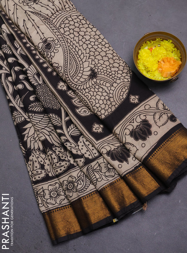 Kalamkari semi silk saree black and beige with allover prints and mangalgiri border