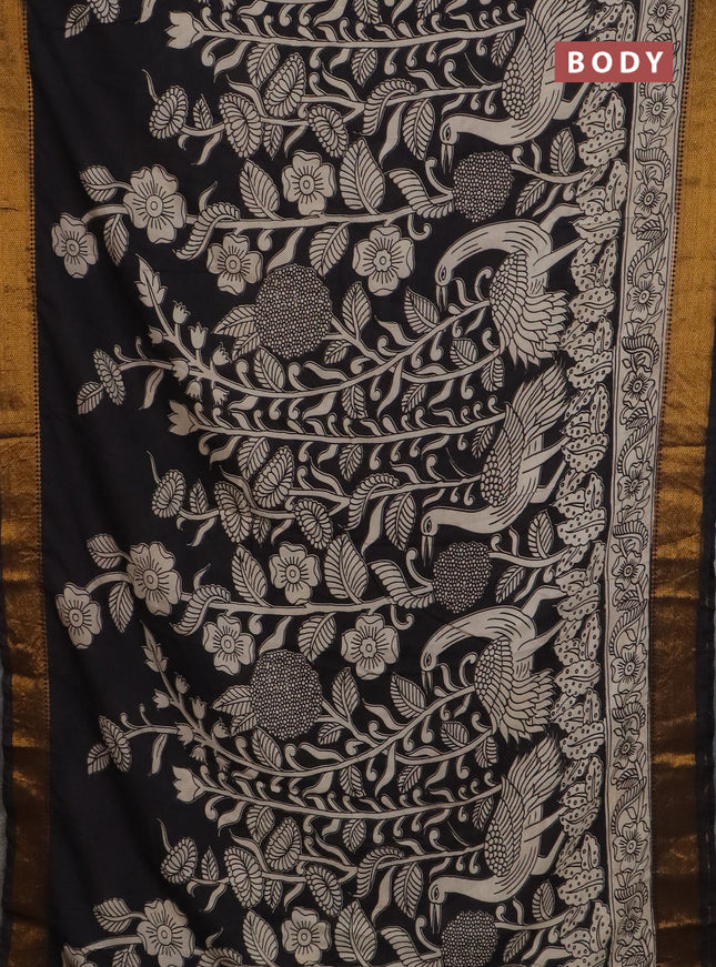 Kalamkari semi silk saree black and beige with allover prints and mangalgiri border