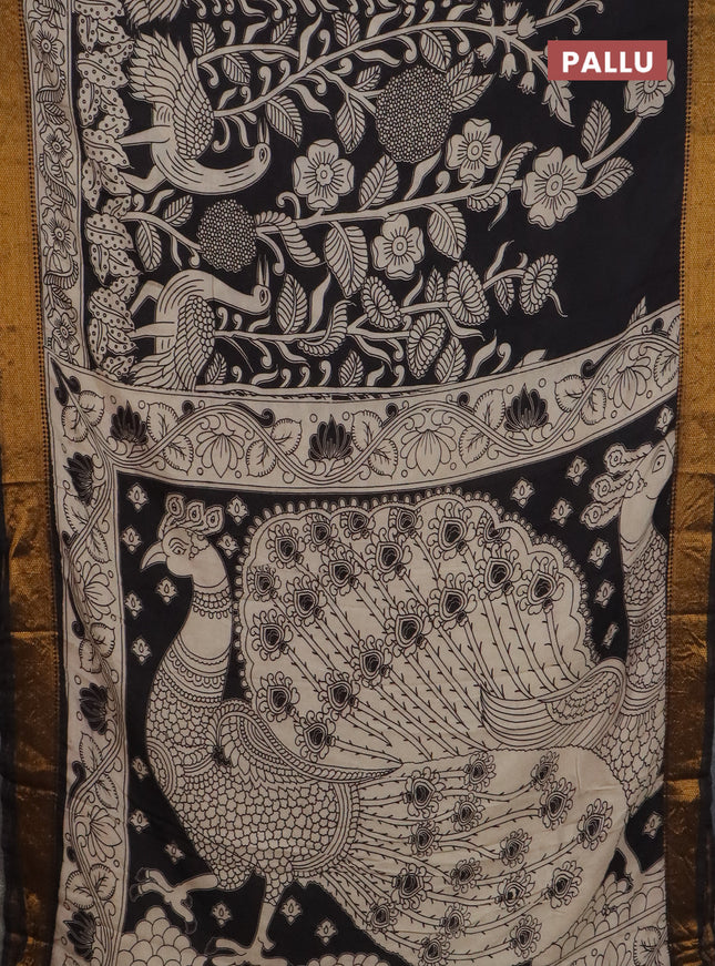 Kalamkari semi silk saree black and beige with allover prints and mangalgiri border