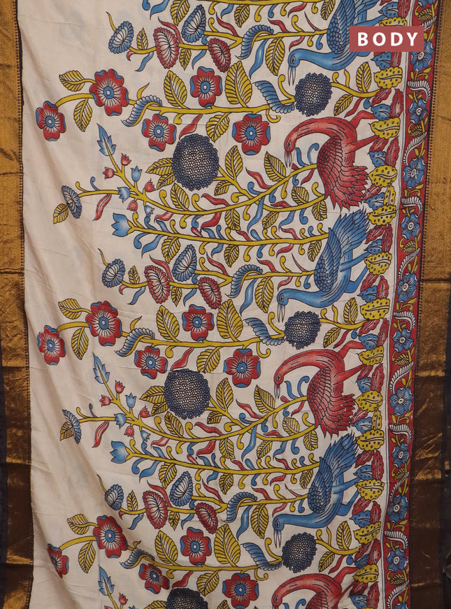 Kalamkari semi silk saree beige and black with allover prints and mangalgiri border