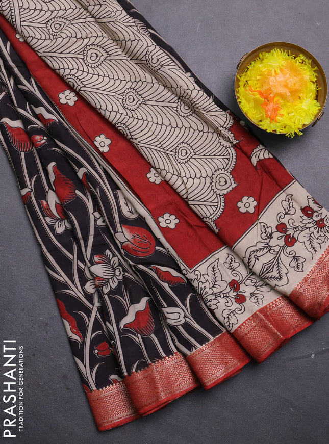 Kalamkari semi silk saree black and maroon with allover prints and mangalgiri border