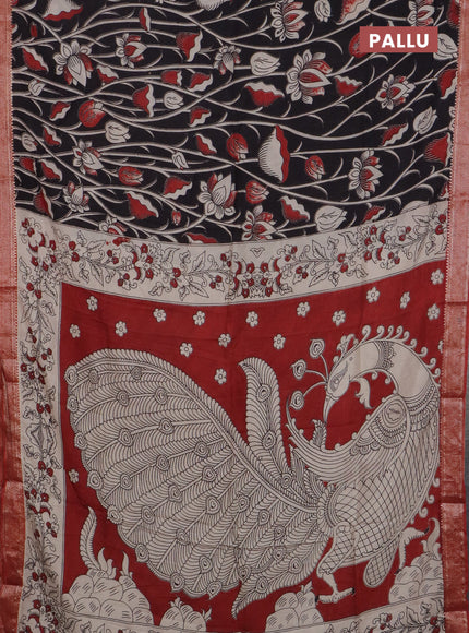 Kalamkari semi silk saree black and maroon with allover prints and mangalgiri border