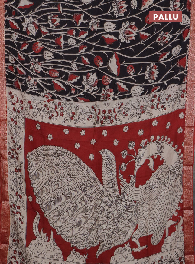 Kalamkari semi silk saree black and maroon with allover prints and mangalgiri border