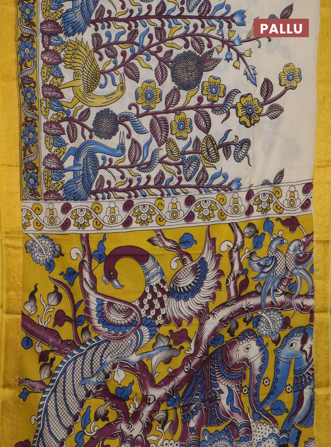 Kalamkari semi silk saree beige and yellow with allover prints and mangalgiri border