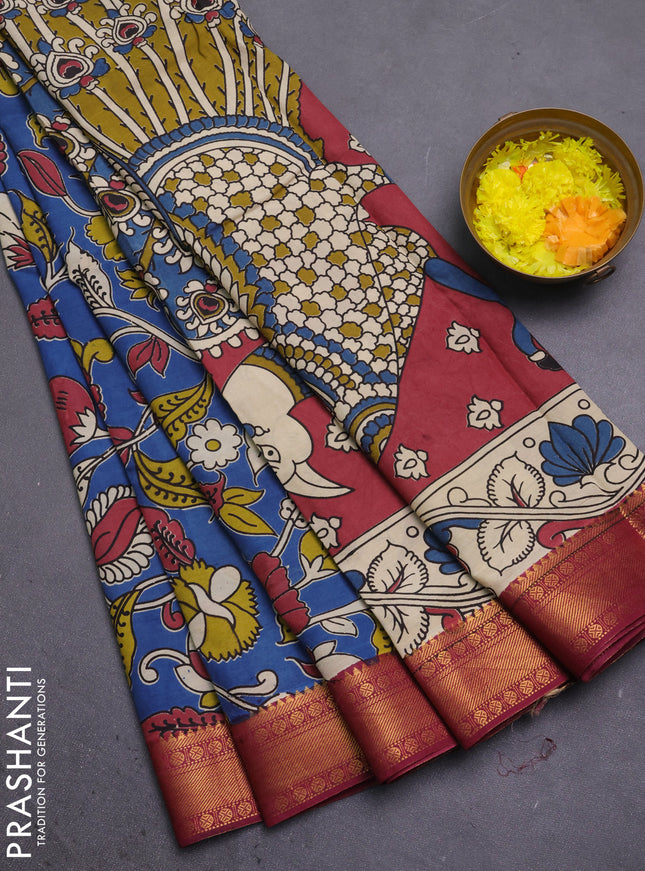 Kalamkari semi silk saree blue and wine shade with allover prints and mangalgiri border