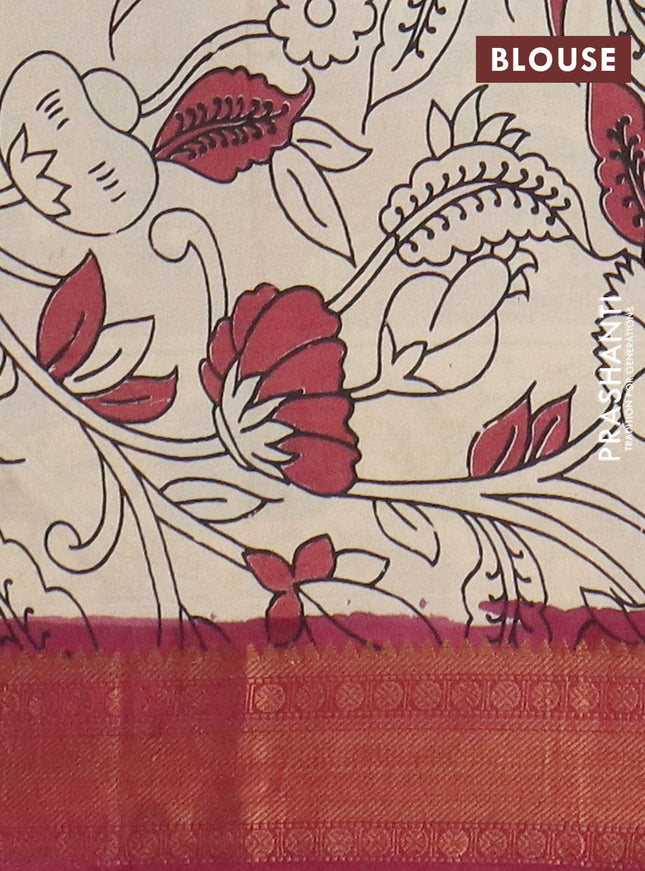 Kalamkari semi silk saree blue and wine shade with allover prints and mangalgiri border