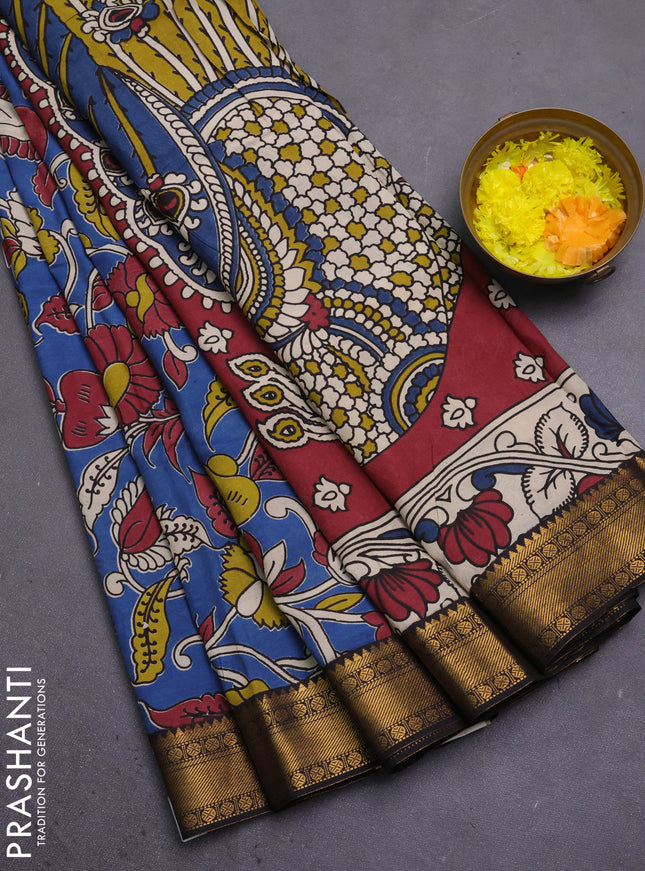 Kalamkari semi silk saree blue and black with allover prints and mangalgiri border
