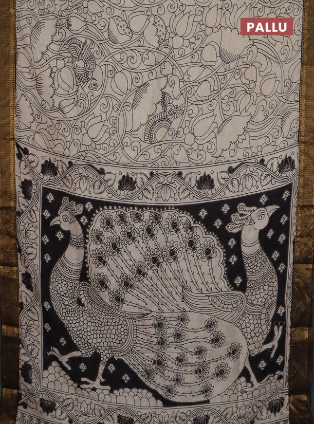 Kalamkari semi silk saree beige and black with allover prints and mangalgiri border