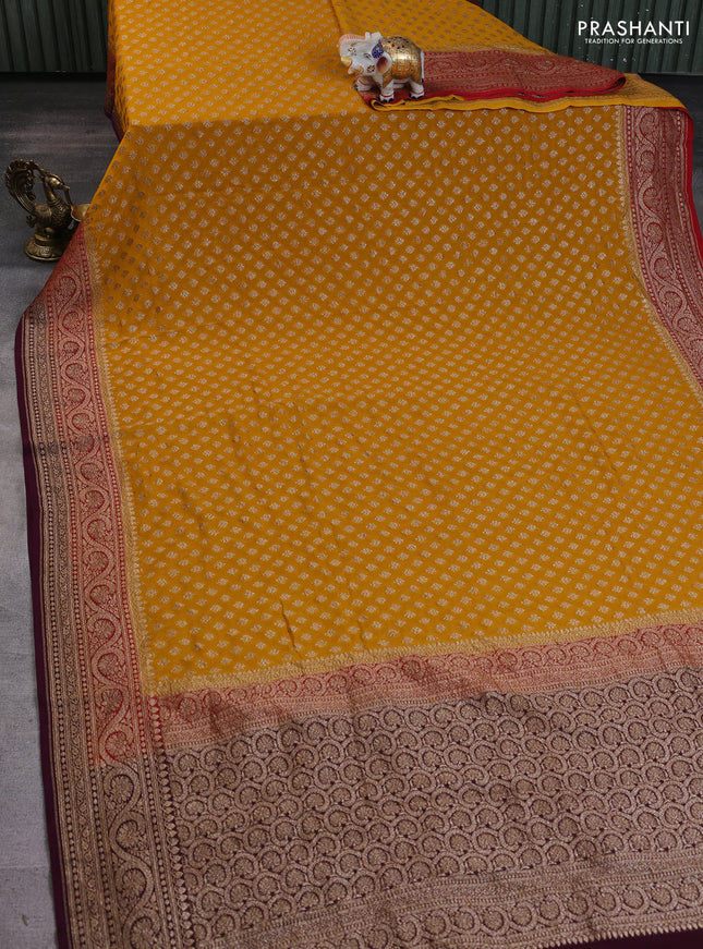 Banarasi georgette saree mustard yelllow and wine shade with allover thread & zari woven leheriya pattern and woven border