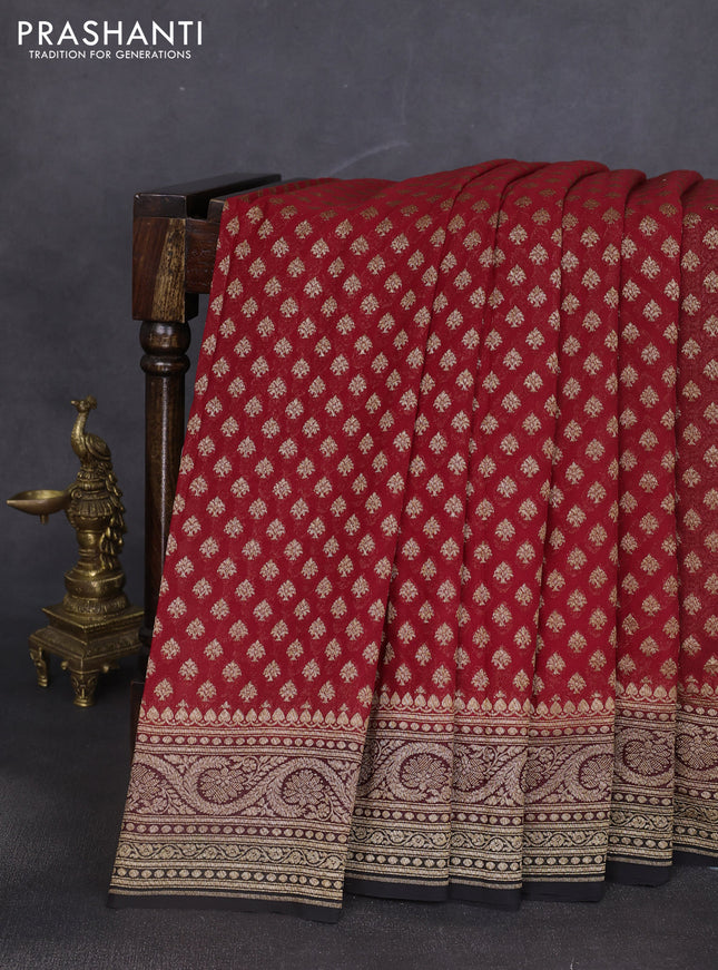 Banarasi georgette saree maroon and black with allover thread & zari woven buttas and woven border