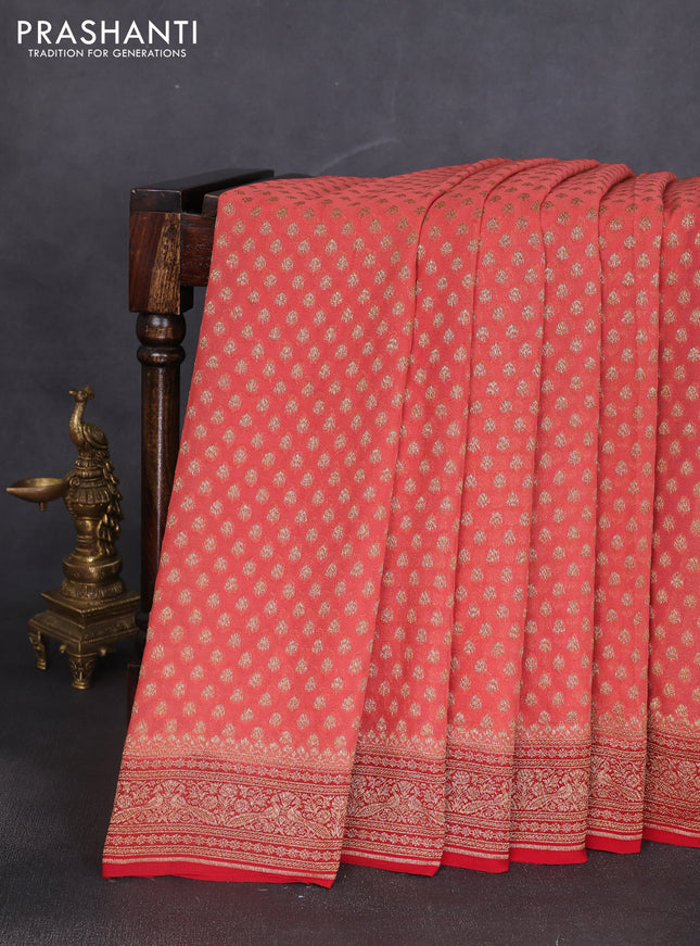 Banarasi georgette saree peach shade and red with allover thread & zari woven buttas and woven border