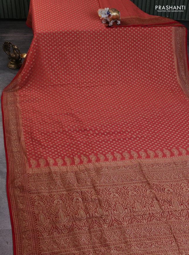 Banarasi georgette saree peach shade and red with allover thread & zari woven buttas and woven border
