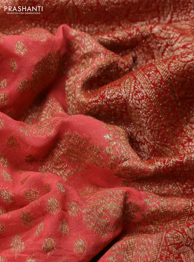 Banarasi georgette saree peach shade and red with allover thread & zari woven buttas and woven border