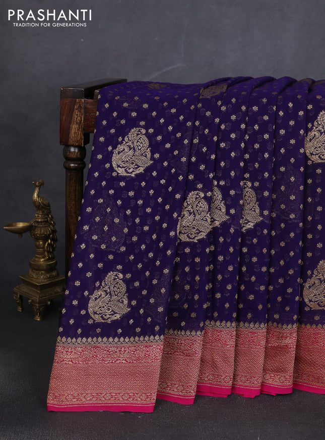 Banarasi georgette saree dark blue and pink with allover thread & zari woven buttas and woven border