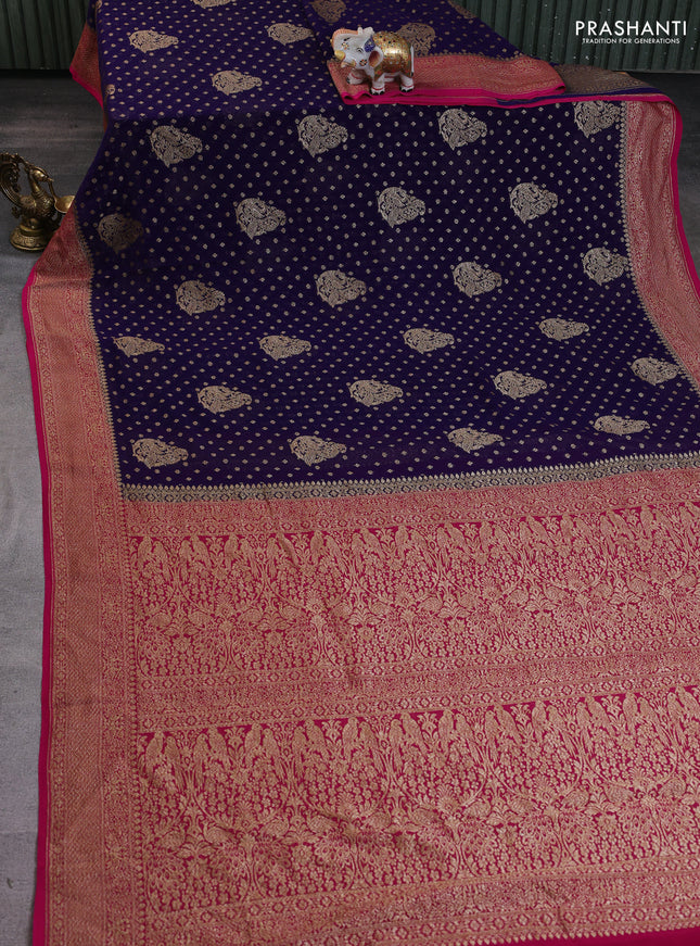 Banarasi georgette saree dark blue and pink with allover thread & zari woven buttas and woven border