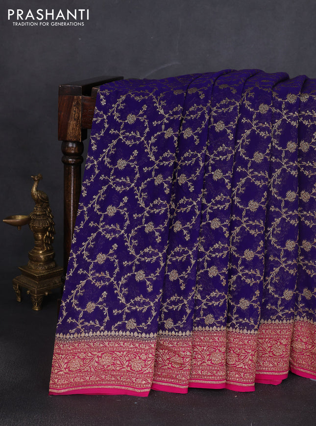 Banarasi georgette saree blue and pink with allover thread & zari weaves and woven border