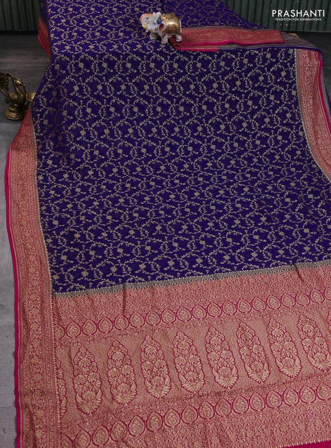 Banarasi georgette saree blue and pink with allover thread & zari weaves and woven border