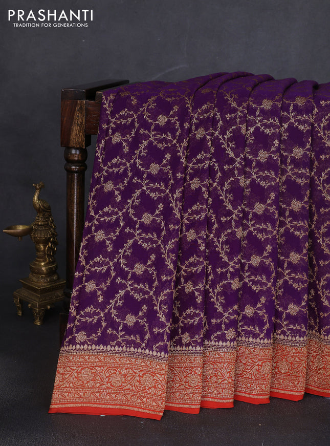 Banarasi georgette saree purple and orange with allover thread & zari weaves and woven border