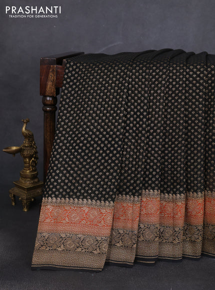 Banarasi georgette saree black and orange with allover thread & zari woven buttas and long woven border