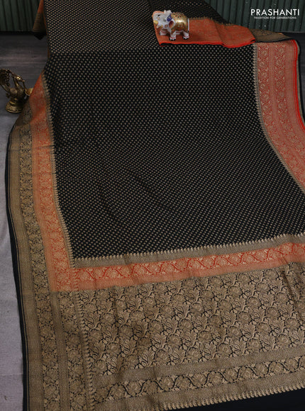 Banarasi georgette saree black and orange with allover thread & zari woven buttas and long woven border